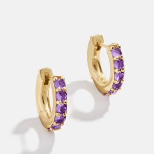 18K Gold Birthstone Huggie Earrings - Amethyst