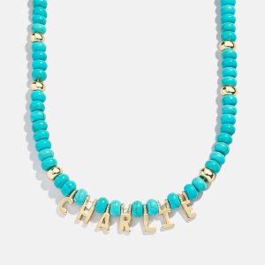 Semi-Precious Gold Custom Nameplate Necklace - Gold/Blue