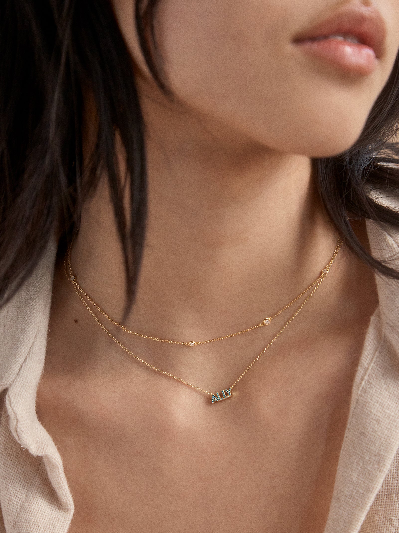 18K Gold Birthstone Custom Nameplate Necklace - Blue Zircon - Image 4