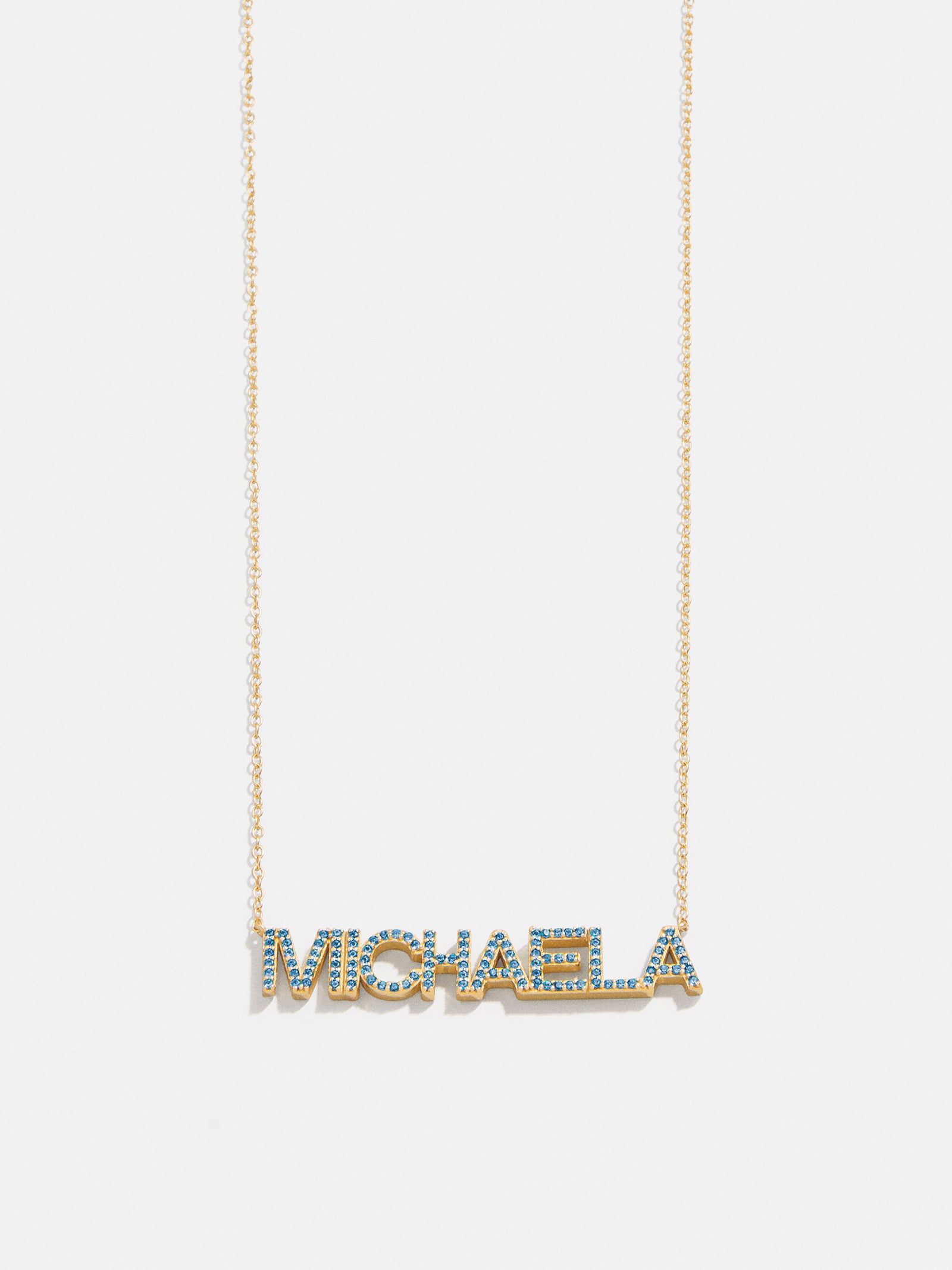 18K Gold Birthstone Custom Nameplate Necklace - Blue Zircon - Image 6