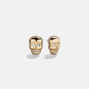 Gold and Pav?? Skull Stud Earrings  - Skull