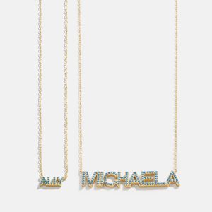 18K Gold Birthstone Custom Nameplate Necklace - Blue Zircon